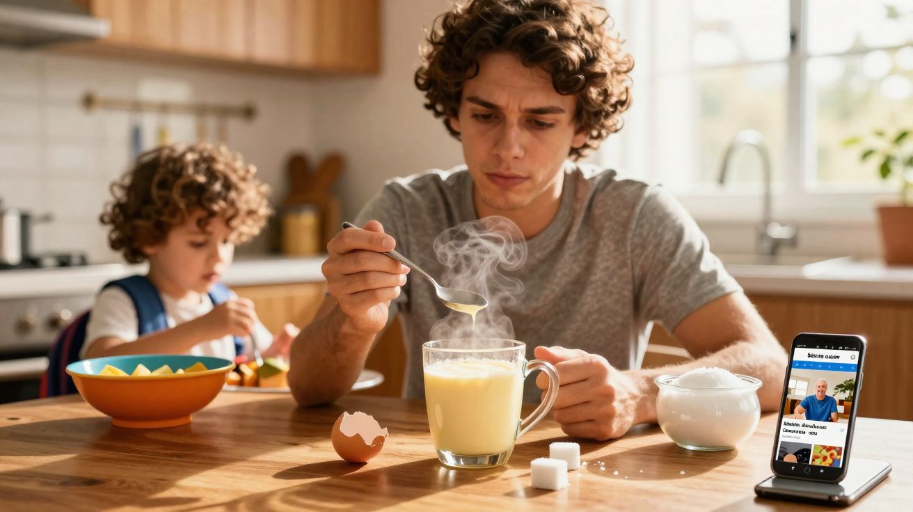 Homem e criança comendo na cozinha, homem mexe bebida quente em copo enquanto criança come frutas atrás.