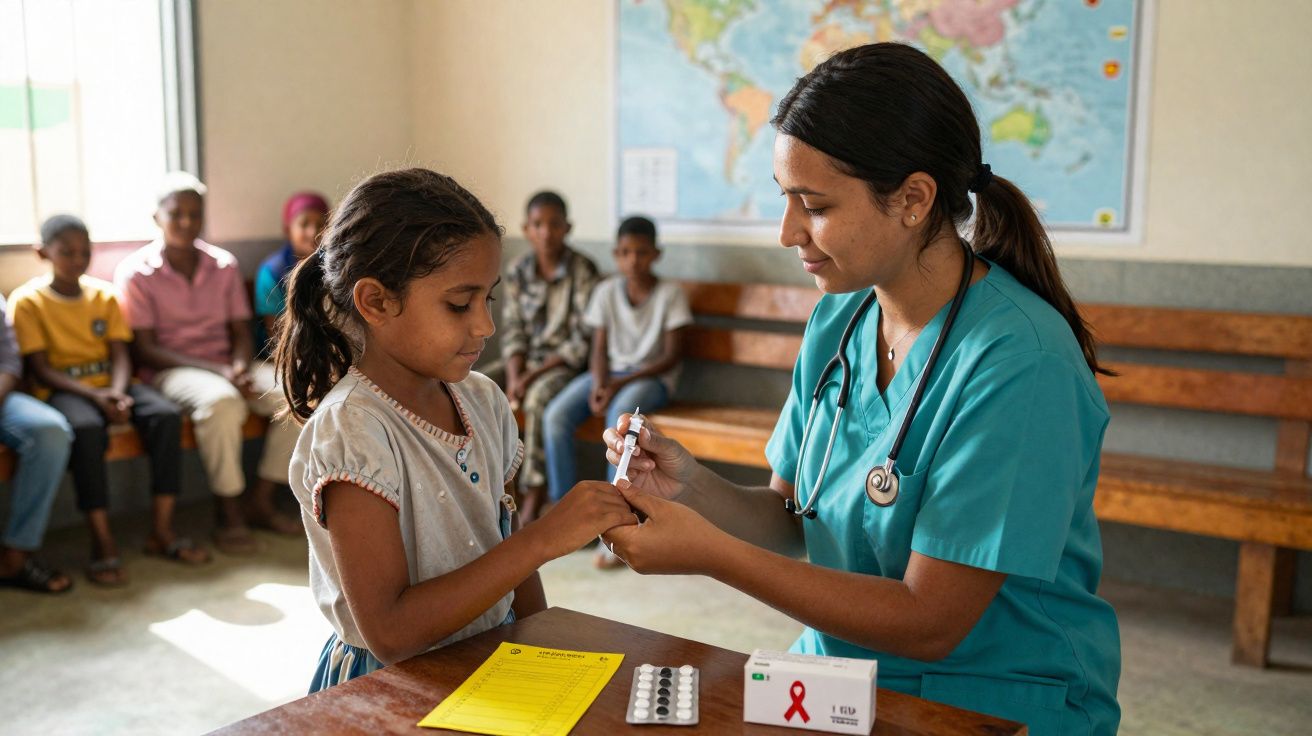 Profissional de saúde aplica medicação oral em criança em clínica com outras crianças ao fundo.