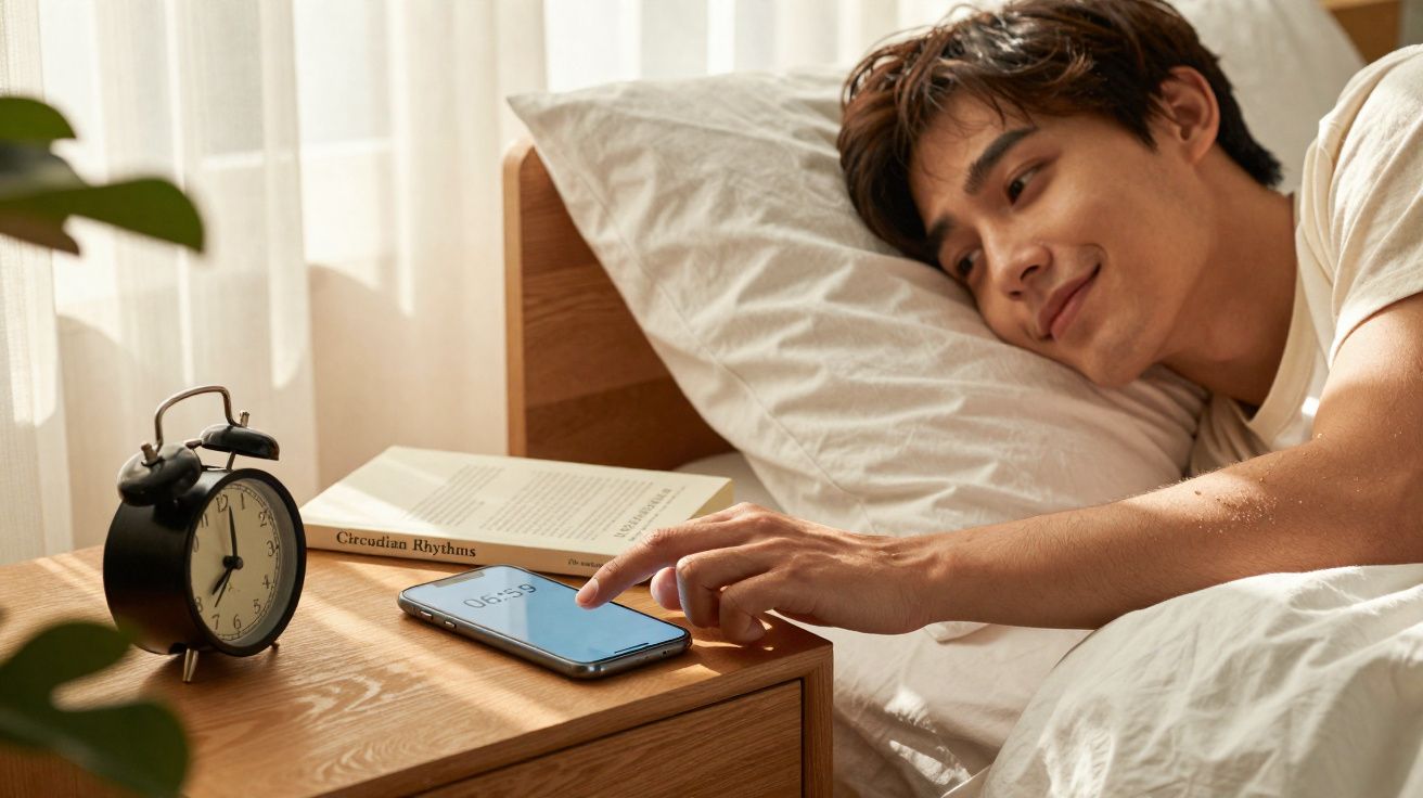 Homem acordando na cama e desligando o alarme do celular sobre o criado-mudo de madeira.