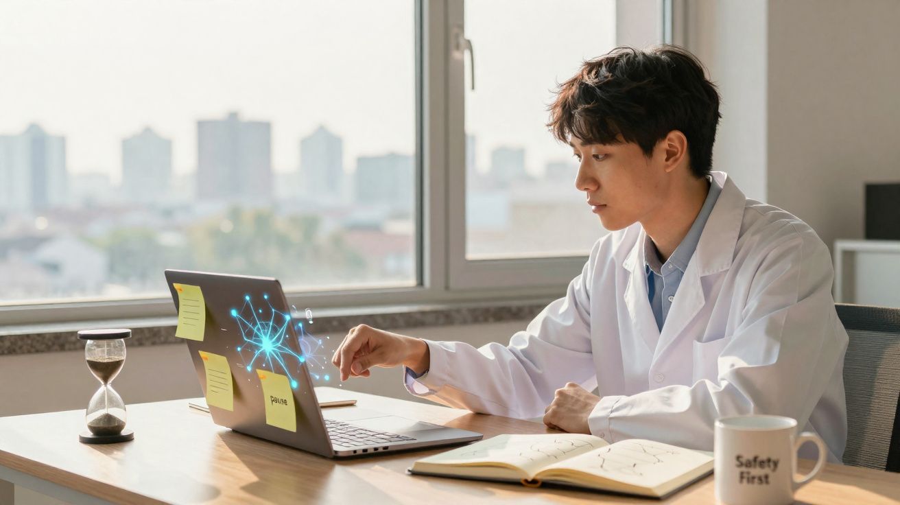 Jovem cientista em jaleco trabalhando em laptop com gráficos digitais, livro aberto e ampulheta na mesa.