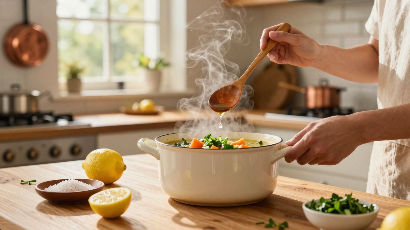 Pessoa mexendo sopa quente com vegetais em panela branca em cozinha iluminada e ventilada.