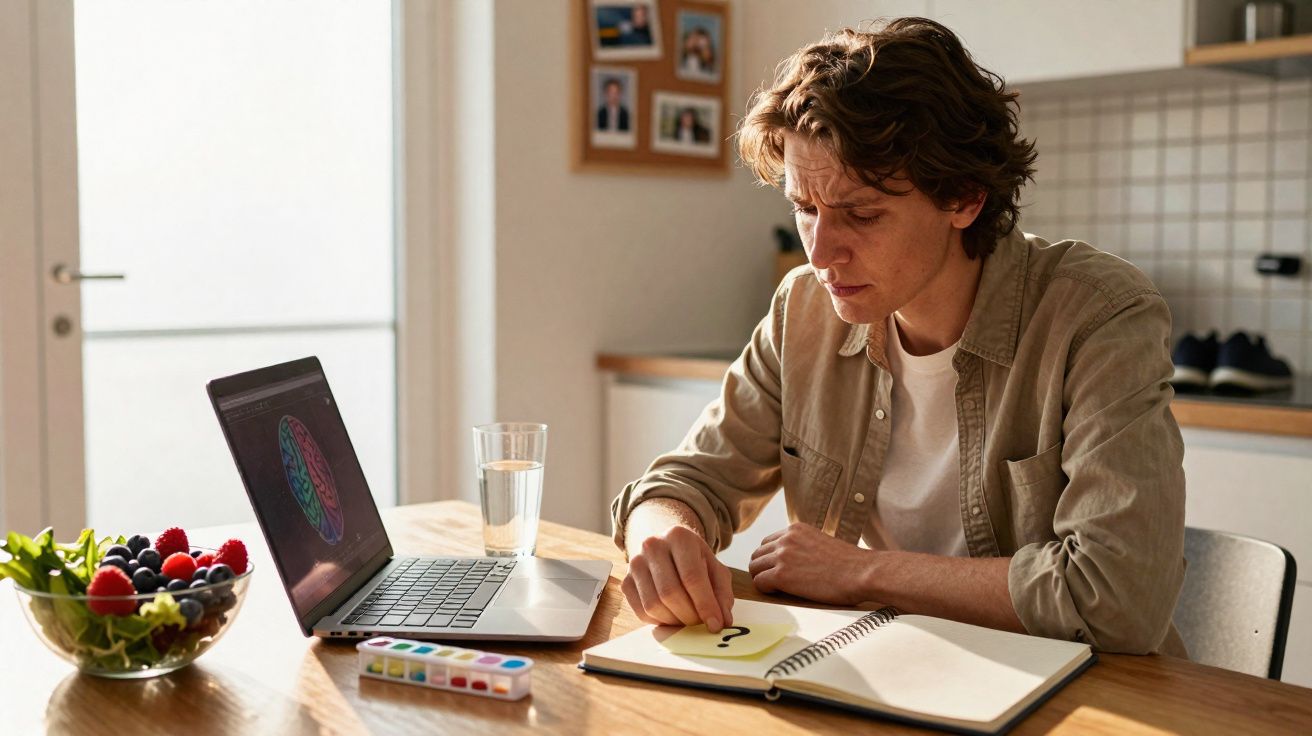 Homem jovem concentrado, sentado à mesa com laptop, escrevendo em caderno em ambiente doméstico iluminado.