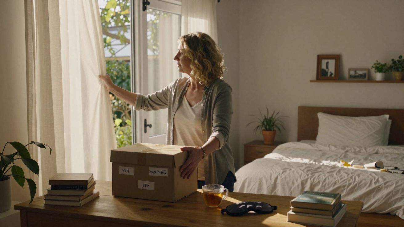 Mulher abre a cortina de um quarto iluminado, com caixa e livros sobre a mesa de madeira.
