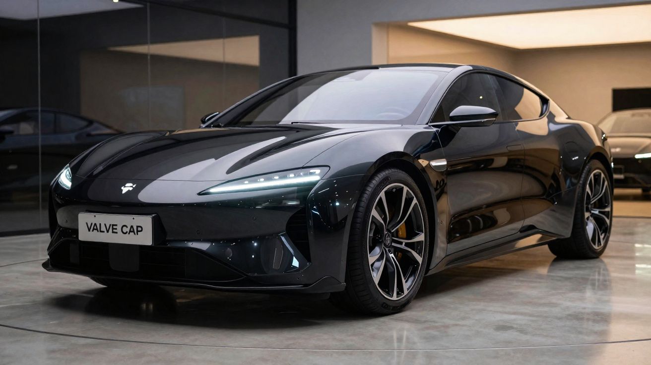 Carro esportivo elétrico preto estacionado em ambiente interno moderno com luzes acesas.