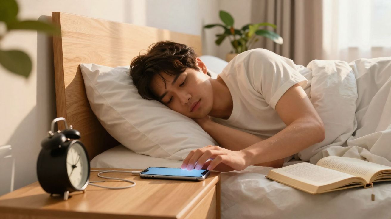 Homem deitado na cama, acordando e tocando na tela do celular ao lado de um livro aberto e um relógio despertador.