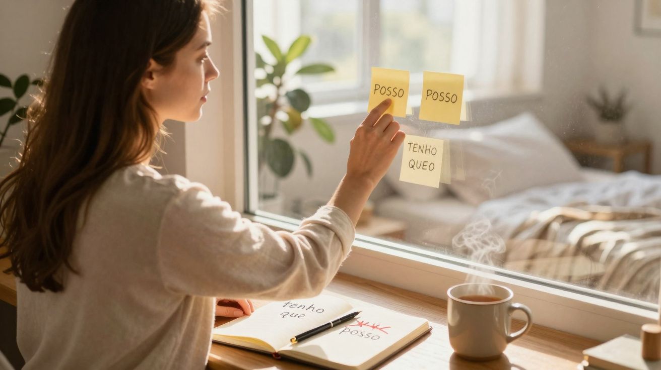 Mulher escrevendo mensagens motivacionais em post-its colados na janela de um quarto iluminado.
