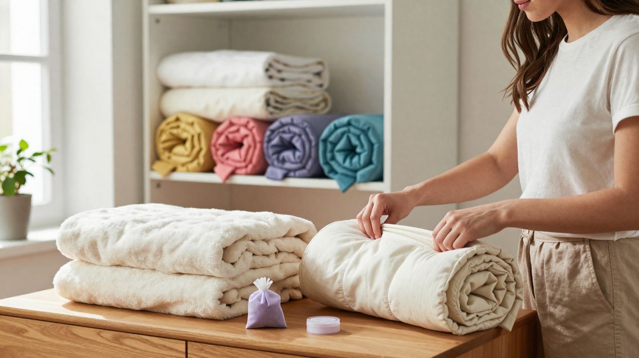 Mulher organizando roupas de cama dobradas em cômoda com prateleira ao fundo.