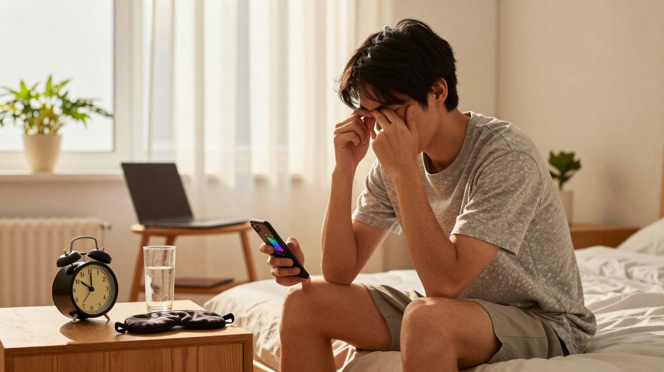Jovem sentado na cama massageando os olhos enquanto olha para o celular em quarto iluminado.