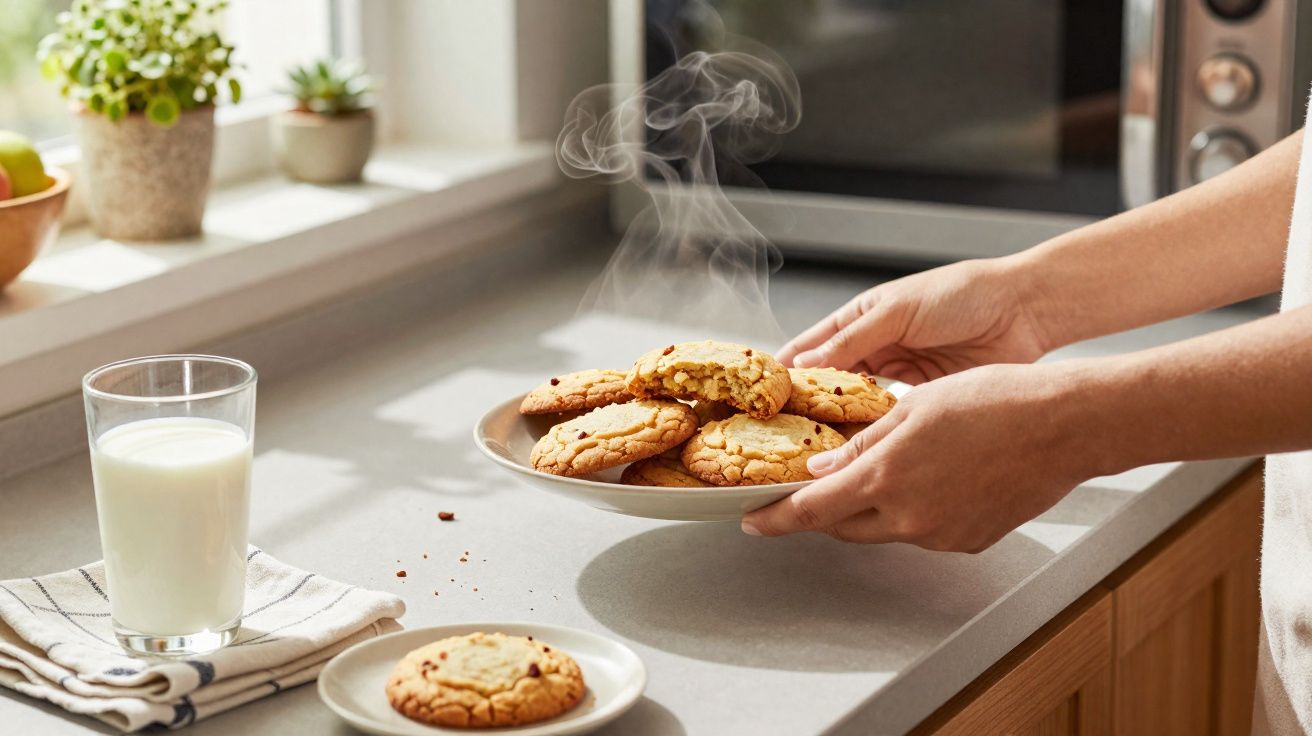 Mãos segurando prato com biscoitos quentes e fumegantes sobre bancada de cozinha com copo de leite.