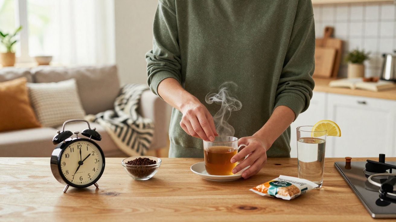 Pessoa mexendo uma bebida quente em um copo transparente na cozinha, com relógio e snack na mesa.