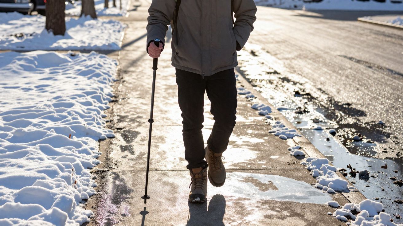 Pessoa caminhando com bastão de caminhada na calçada parcialmente coberta de neve em dia ensolarado.