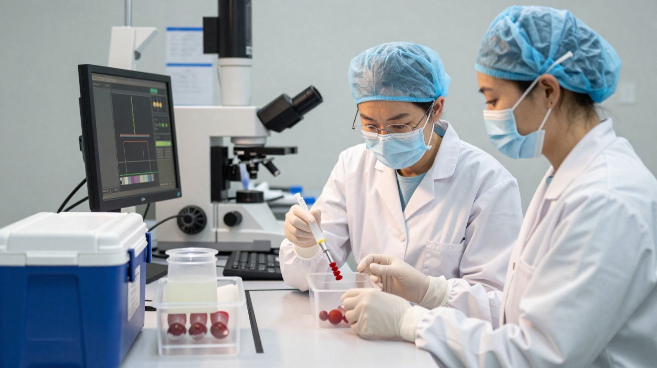 Duas cientistas com jaleco, luvas e máscaras realizando experimentos em laboratório com tubos de ensaio vermelhos.