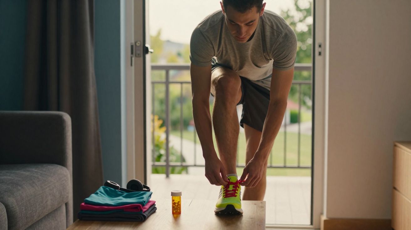 Homem amarrando tênis para corrida, ao lado de roupas dobradas e frasco de comprimidos em sala iluminada.