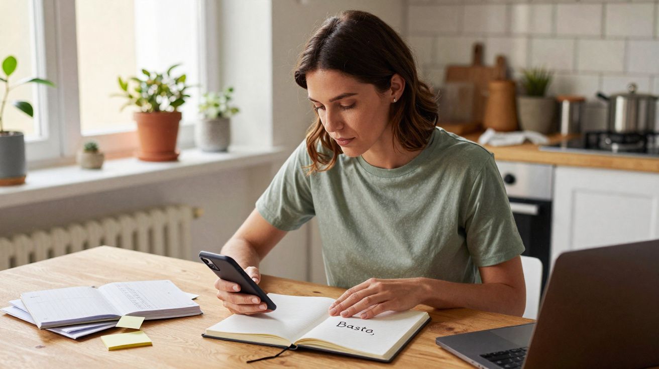 Mulher sentada à mesa com caderno aberto, celular na mão e laptop ao lado, estudando ou trabalhando.
