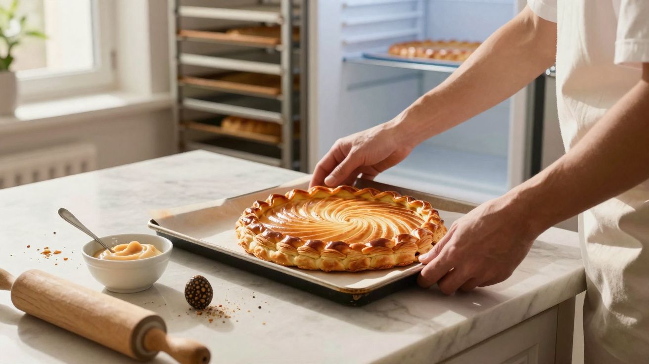 Pessoa retirando torta dourada do forno em cozinha clara com utensílios de confeitaria ao lado.