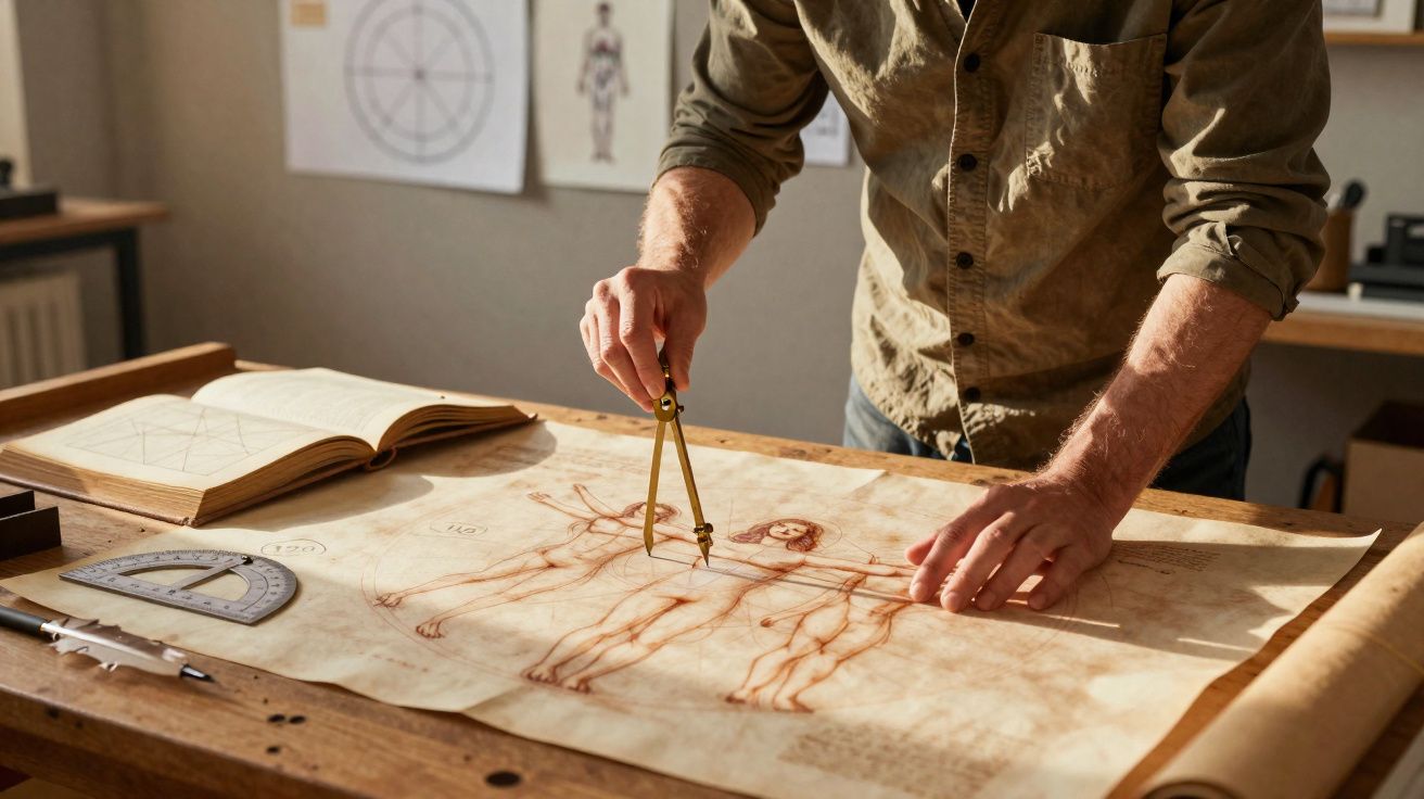 Pessoa usando compasso para desenhar estudos anatômicos clássicos em uma mesa de madeira iluminada pelo sol.