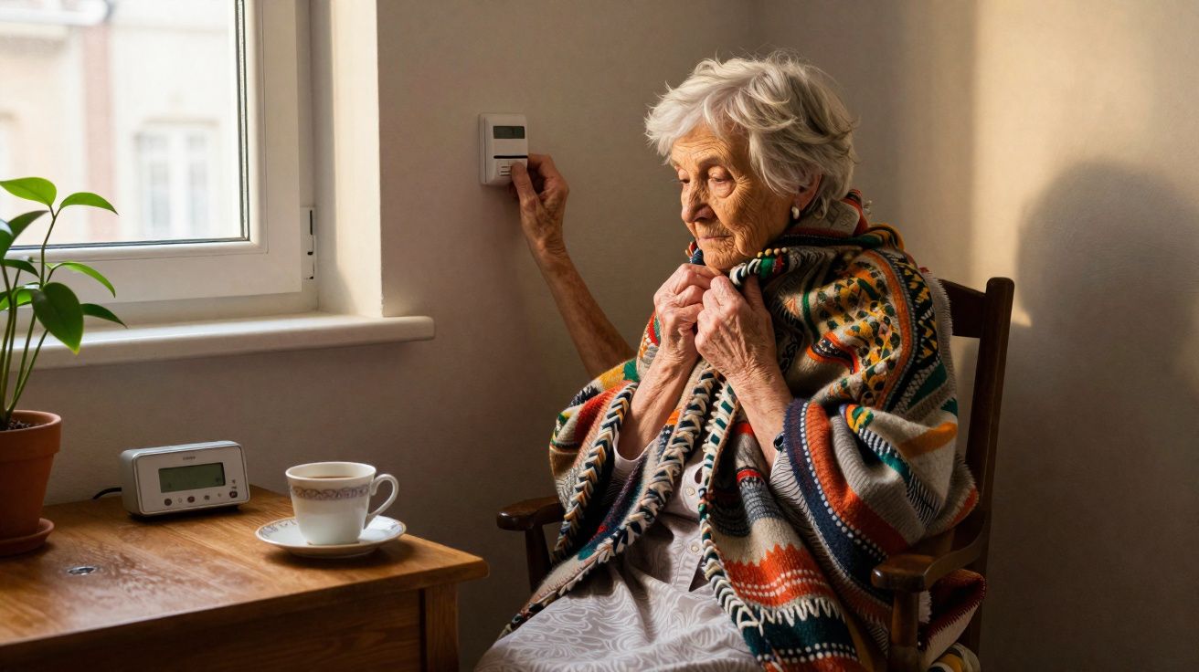 Idosa sentada coberta com manta ajustando termostato em ambiente interno iluminado por luz natural.