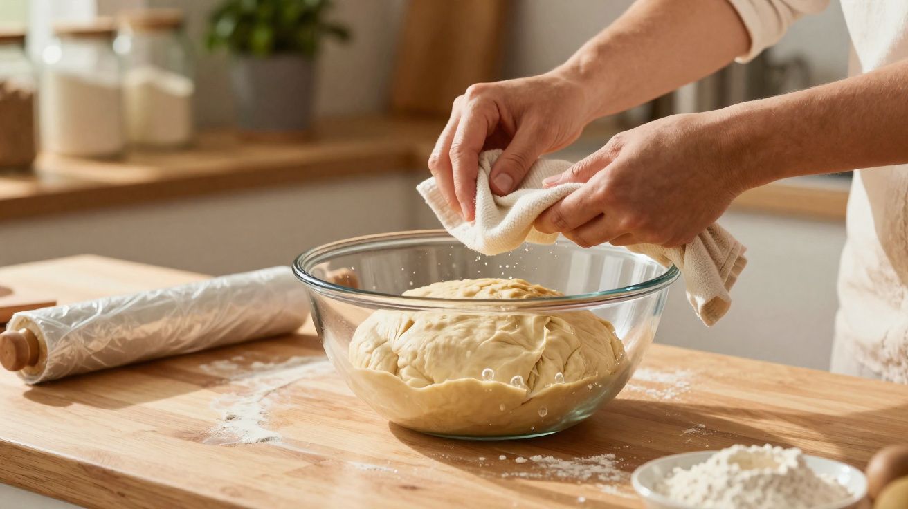 Pessoa limpando tigela de vidro com massa de pão em bancada de madeira em cozinha iluminada