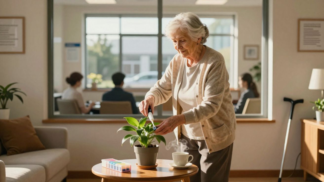 Idosa regando planta em vaso sobre mesa em sala iluminada com pessoas ao fundo.