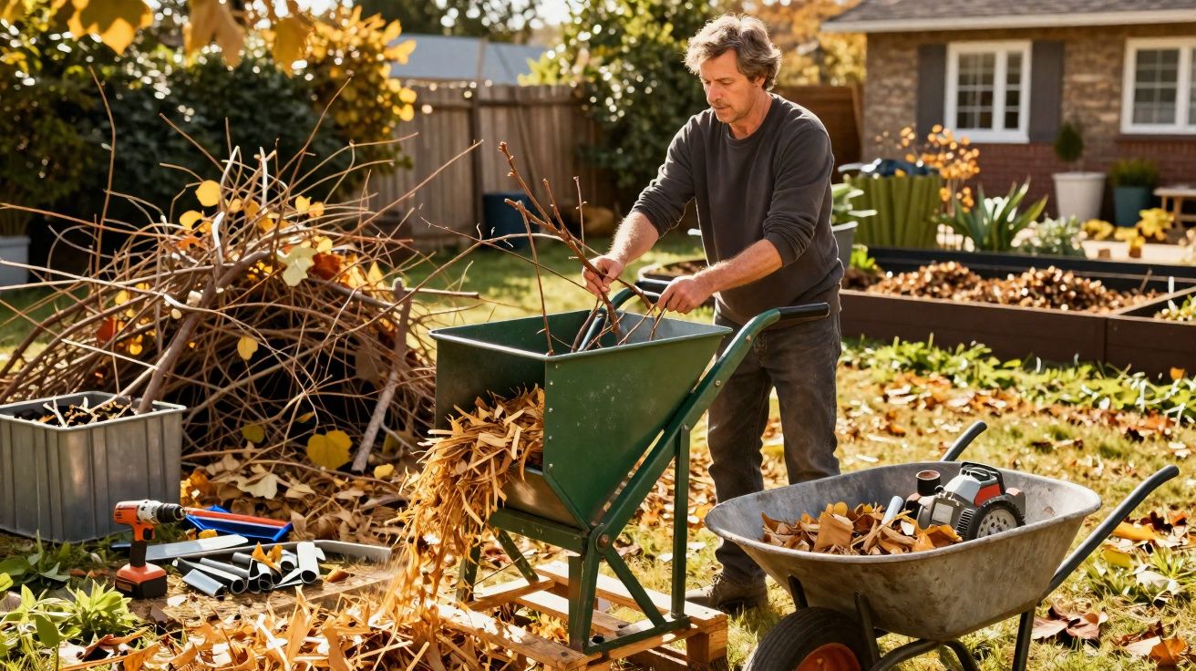 Homem usando triturador de folhas e galhos secos no jardim de casa durante o dia.