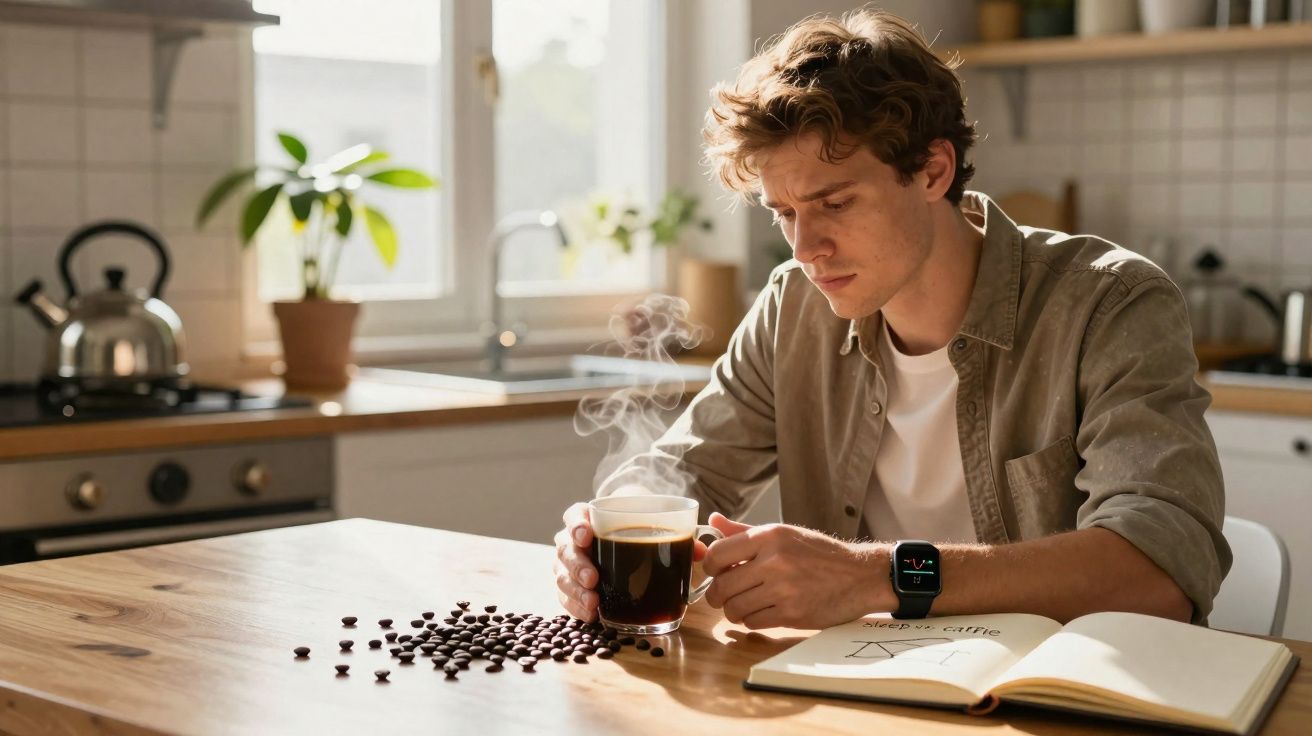 Jovem sentado à mesa tomando café quente, com livro aberto e grãos de café sobre a mesa na cozinha.