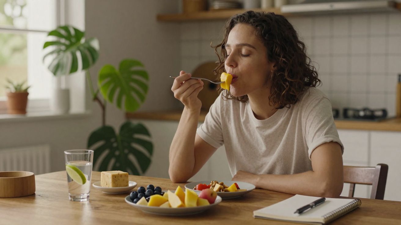 Mulher com cabelo cacheado saboreando pedaço de fruta à mesa com pratos de frutas e caderno.