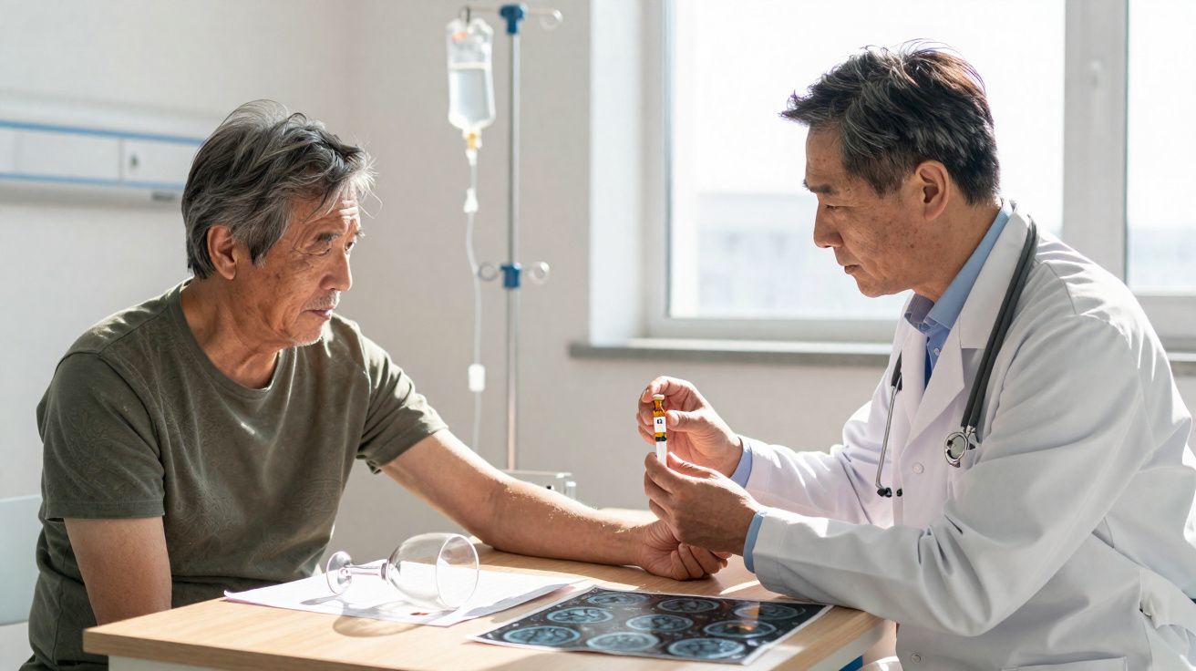 Médico examina amostra de sangue de paciente idoso em consultório com exames sobre a mesa.