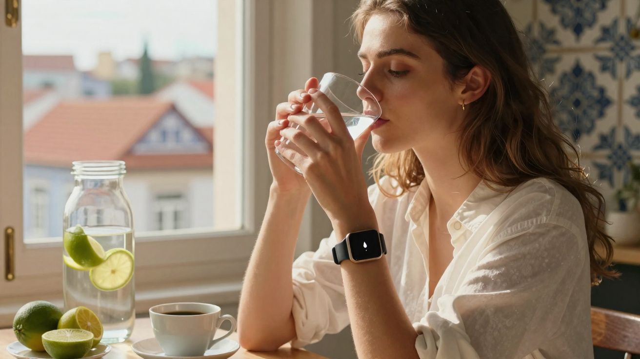 Mulher sentada à mesa perto da janela bebendo água com limão, usando camisa branca e smartwatch preto.