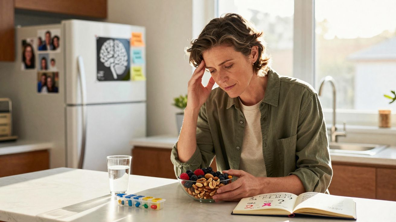 Mulher pensativa segurando tigela de frutas enquanto senta à mesa com livro aberto e remédio em cozinha iluminada.