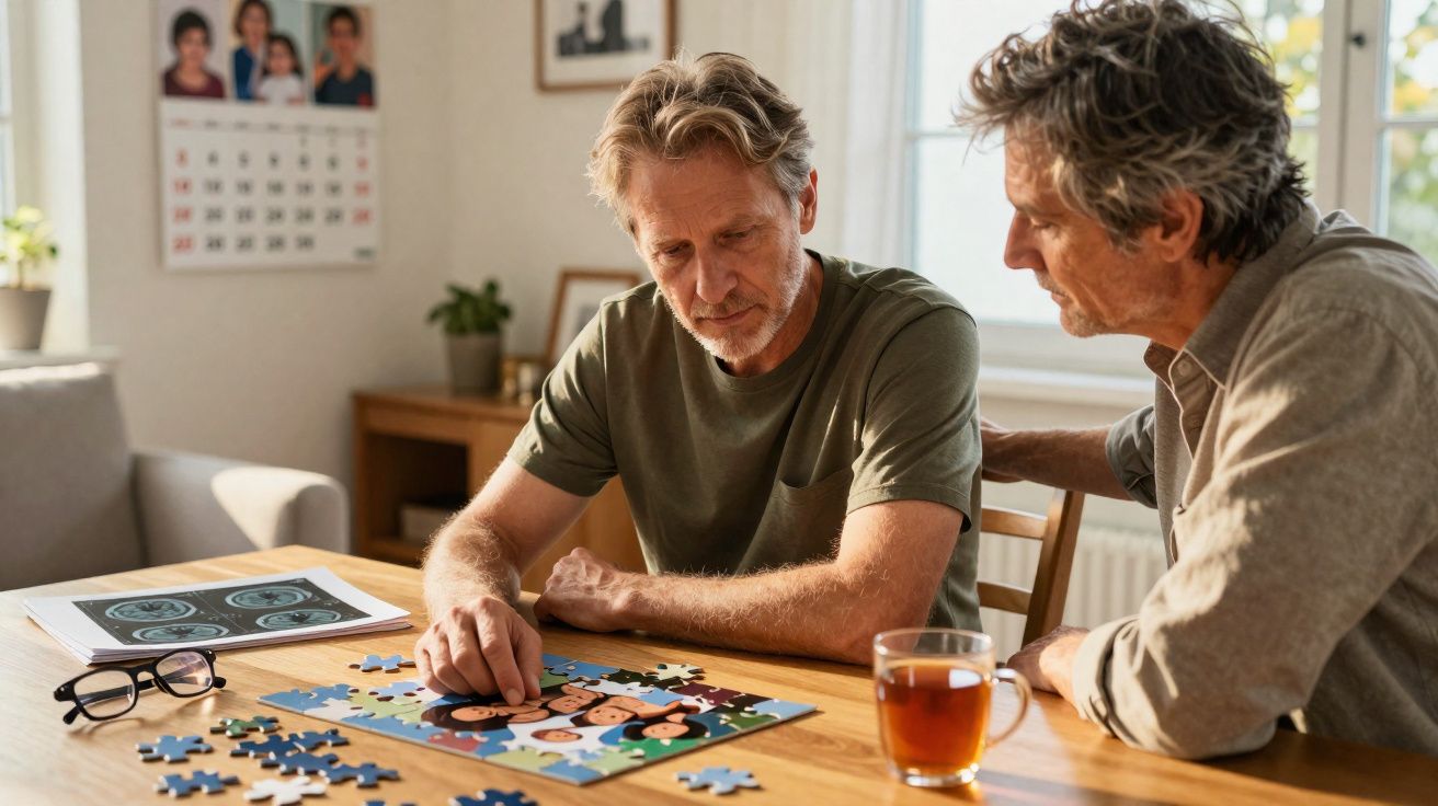 Dois homens adultos, um consolando o outro enquanto montam um quebra-cabeça em uma mesa.