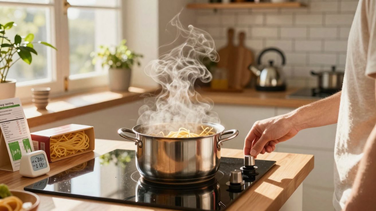 Pessoa ajusta fogo no fogão enquanto massa cozinha em panela com vapor saindo na cozinha ensolarada.