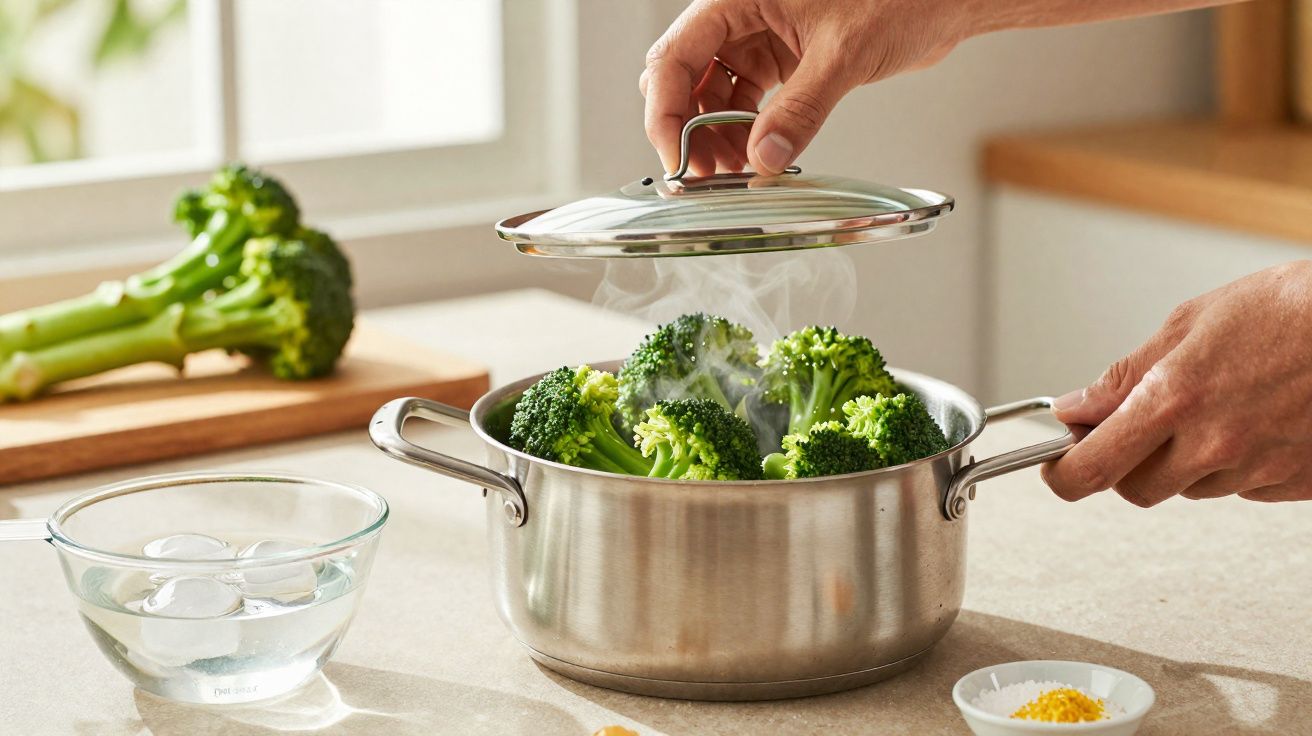 Mãos retirando tampa de panela com brócolis cozinhando no vapor na cozinha iluminada.