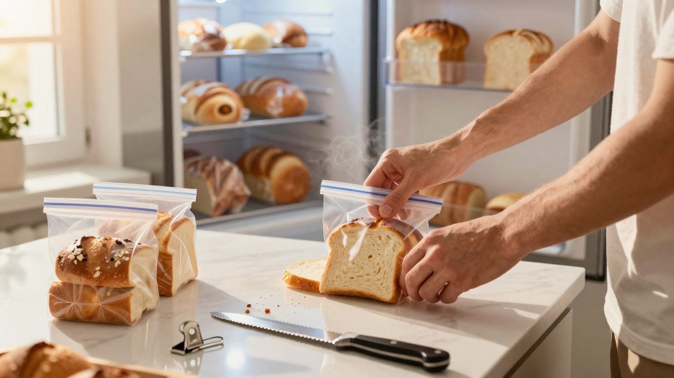 Pessoa embalando fatias de pão em saquinhos plásticos na cozinha com variedade de pães ao fundo.