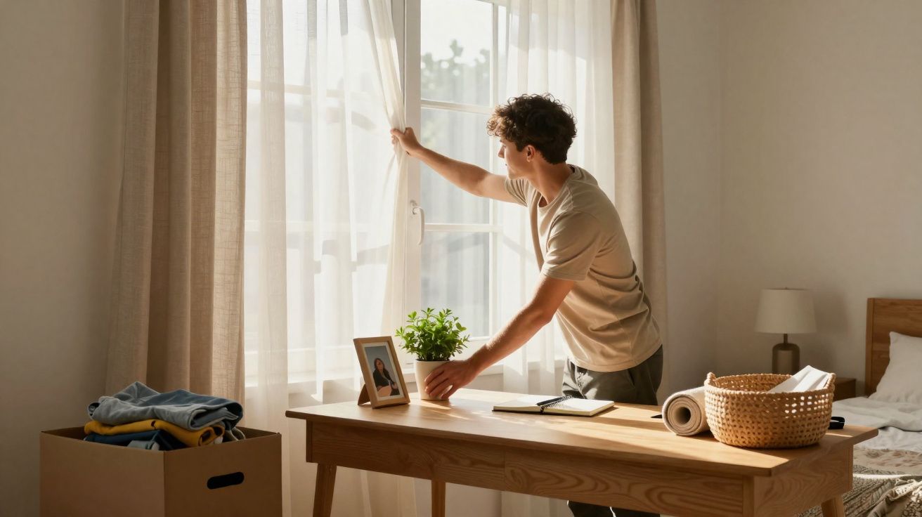 Homem abre a cortina em um quarto iluminado, com mesa de madeira, planta e cesta ao lado da cama.