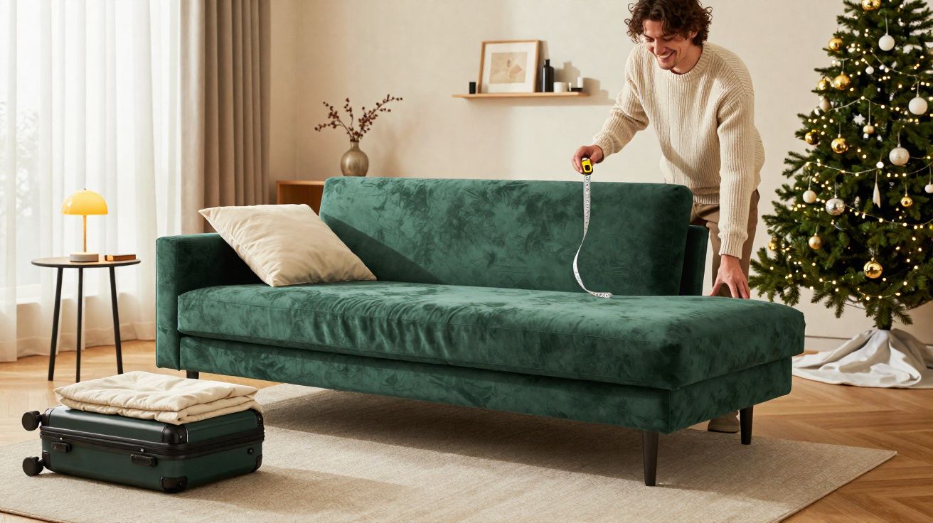 Homem medindo sofá verde escuro em sala com árvore de Natal decorada ao fundo.