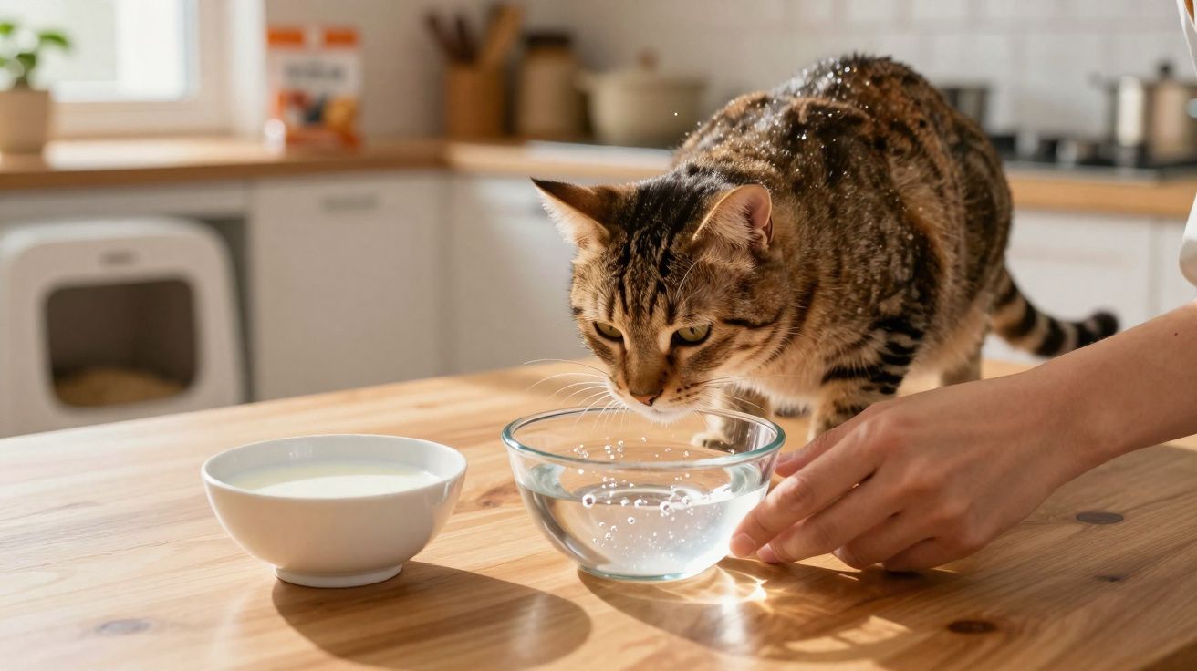 Gato bebendo água em tigela de vidro em mesa de cozinha de madeira com outro recipiente branco.
