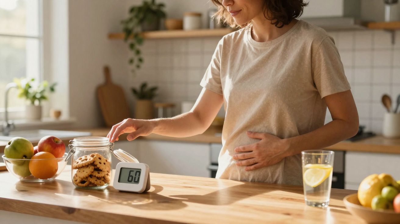 Mulher segurando a barriga e evitando biscoitos, com frutas e água na cozinha iluminada pelo sol.