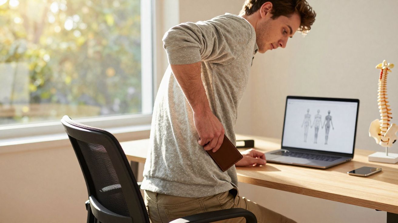 Homem sentado sente dor nas costas enquanto trabalha em escritório com computador e modelo de coluna vertebral.