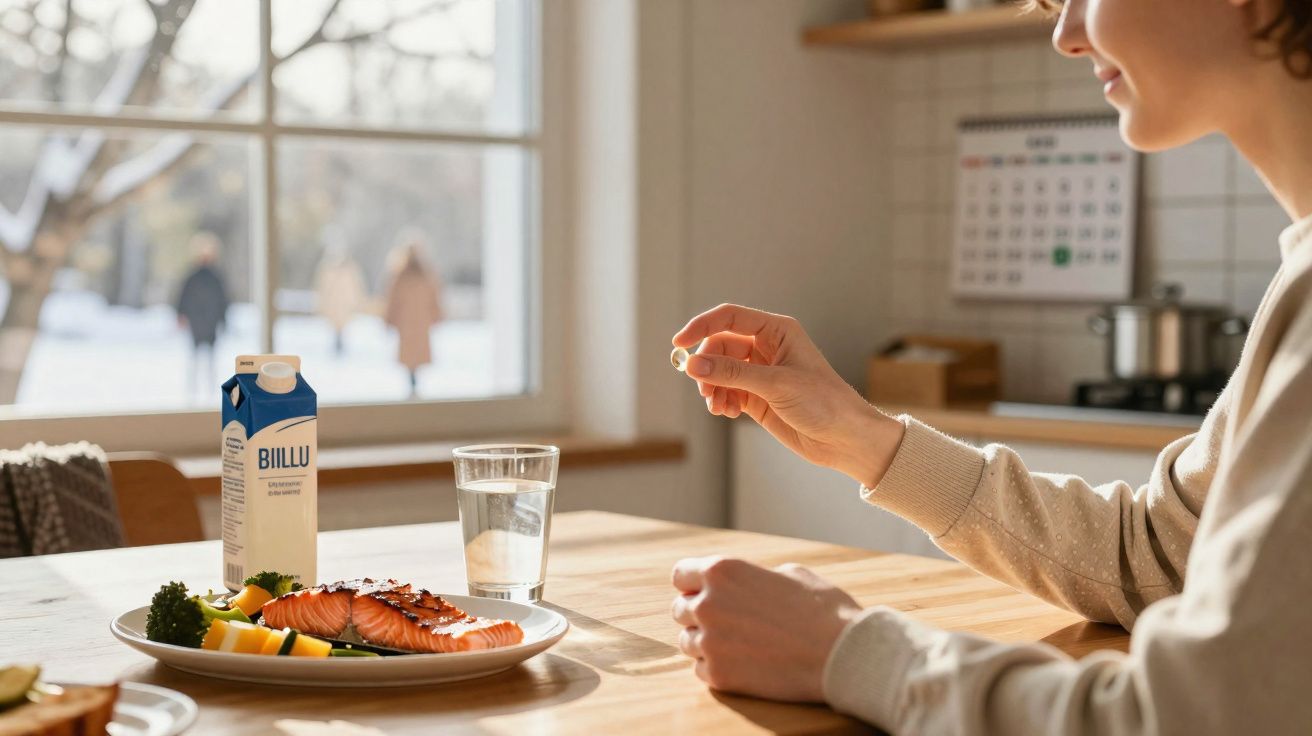Pessoa segurando comprimido à mesa com prato de salmão, legumes, copo de água e caixa de leite.