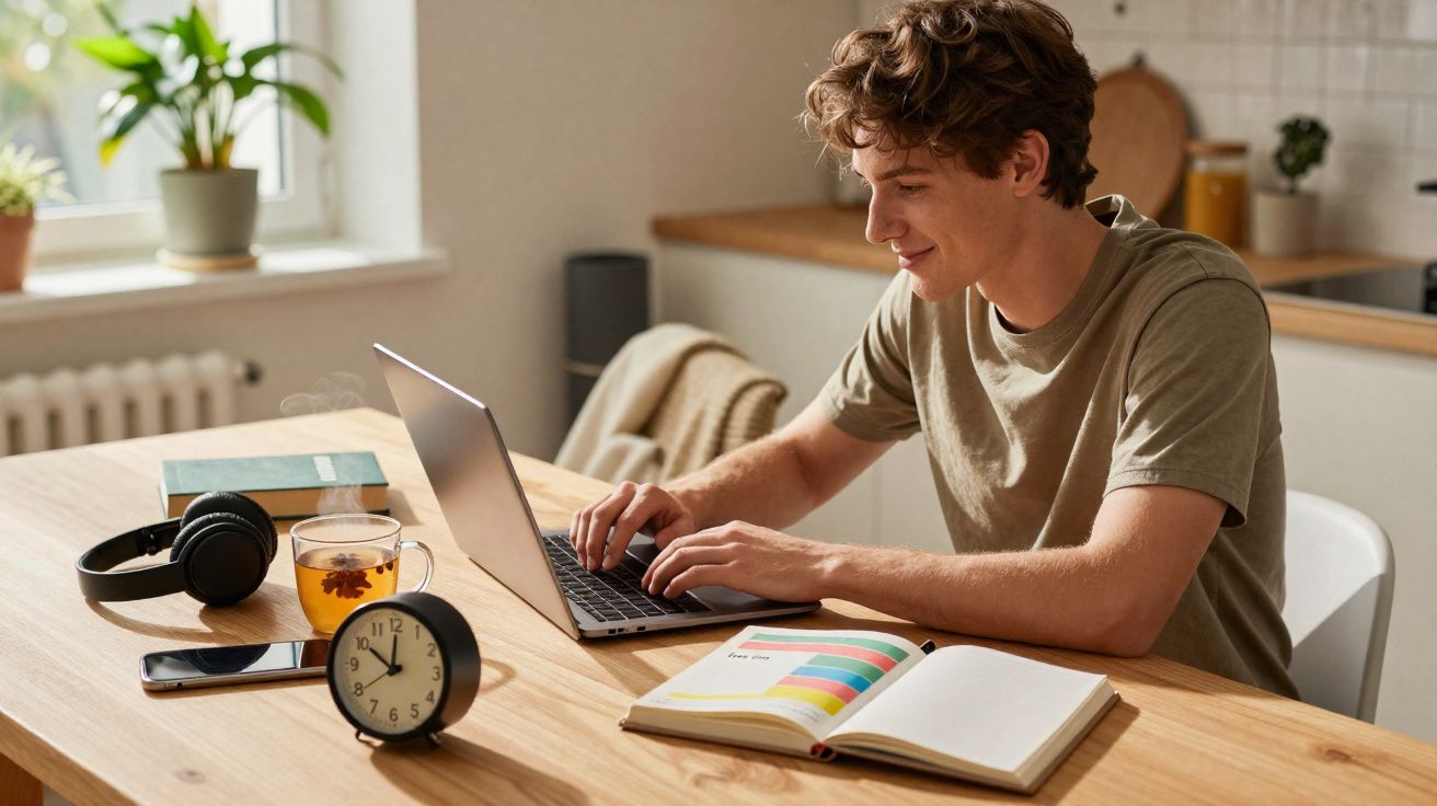 Jovem sentado à mesa usando laptop, com livro, relógio, fones e chá ao lado em ambiente iluminado.