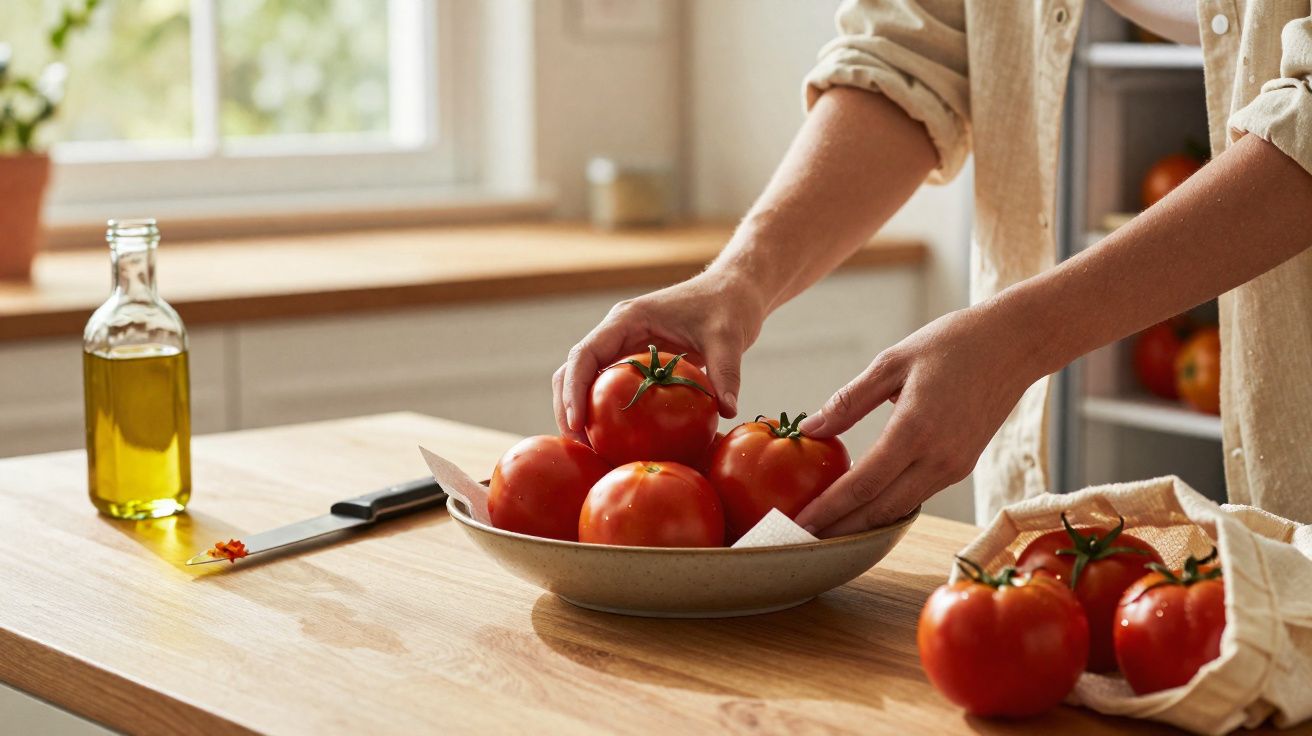 Pessoa organizando tomates em uma tigela na bancada de madeira clara, com garrafa de azeite ao lado.