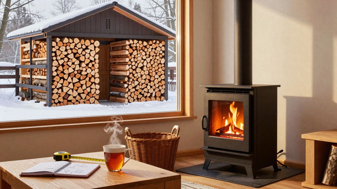 Ambiente acolhedor com lareira acesa, xícara de chá, caderno e depósito de lenha sob neve ao fundo.