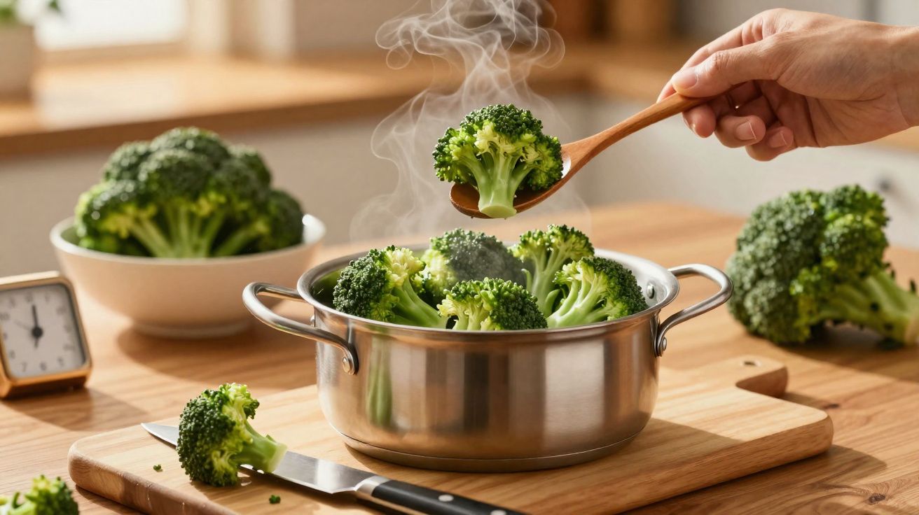 Brócolis sendo retirado com colher de madeira de panela com vapor em cozinha iluminada.