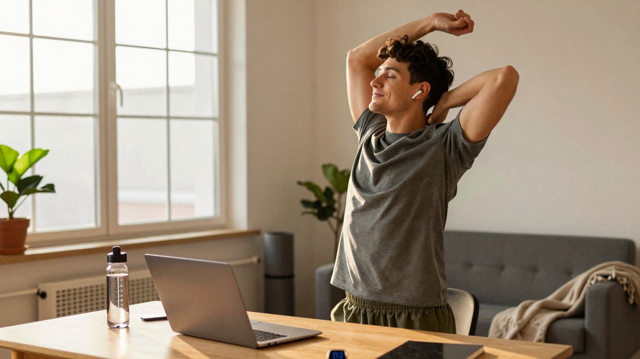 Jovem sentado em escritório em casa, alongando braços e usando fones de ouvido sem fio.