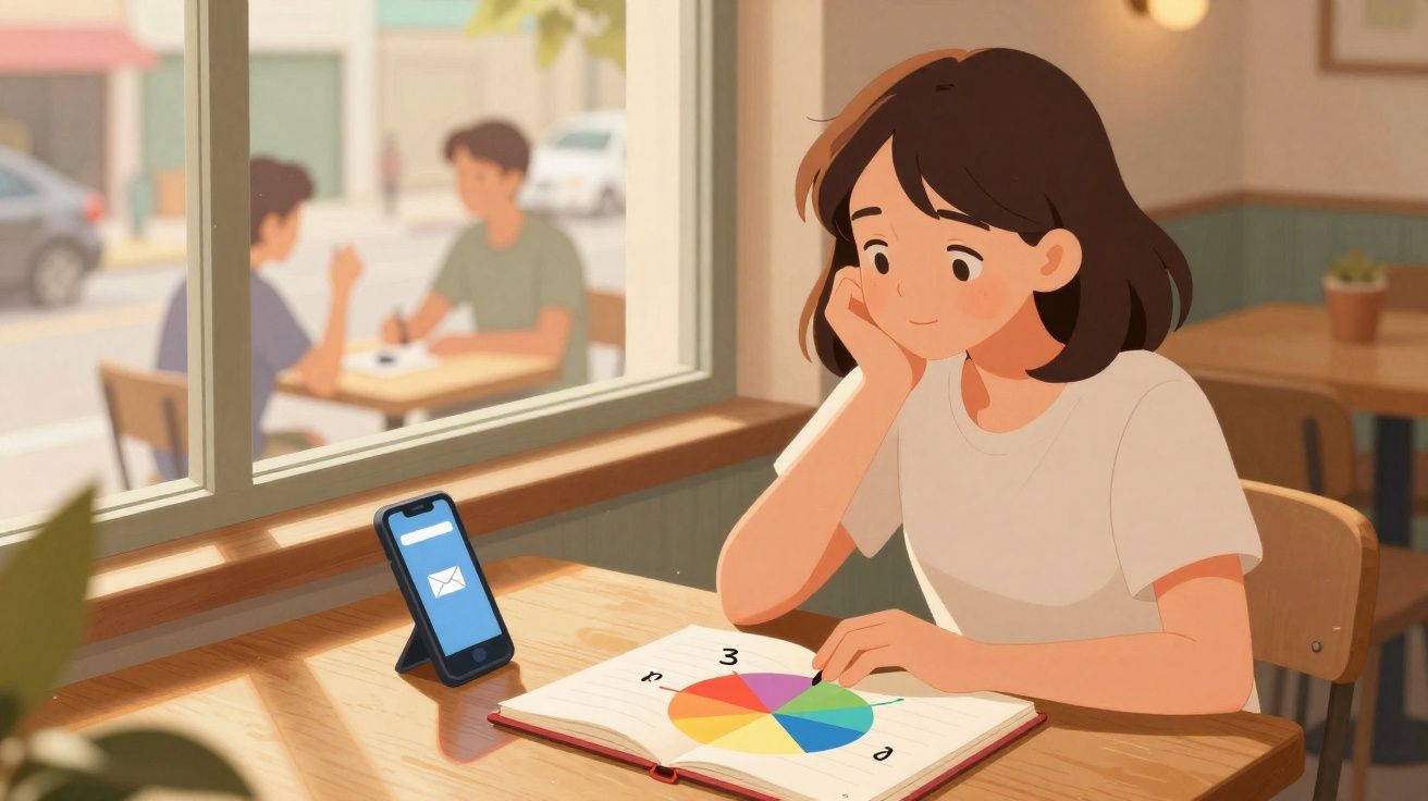 Menina sentada lendo livro colorido em mesa de café, com celular mostrando notificação de mensagem.