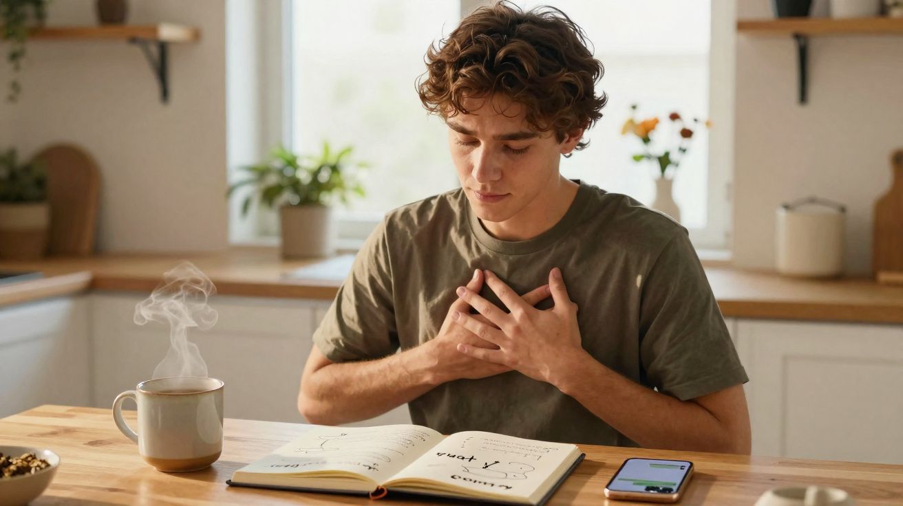 Jovem sentado à mesa com as mãos no peito, lendo um caderno aberto, com café quente e celular ao lado.