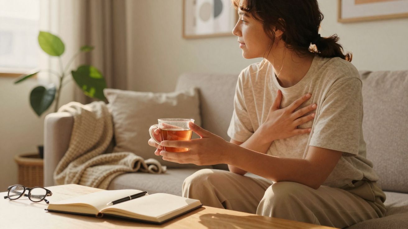 Mulher sentada no sofá com uma xícara de chá na mão e expressão de desconforto no peito.