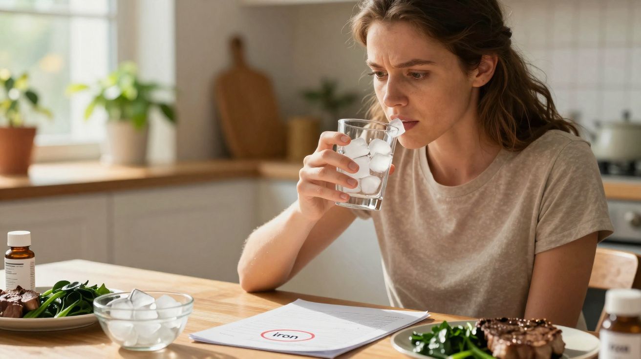 Mulher segurando copo de água com gelo, olhando para papel com a palavra "iron" em destaque.