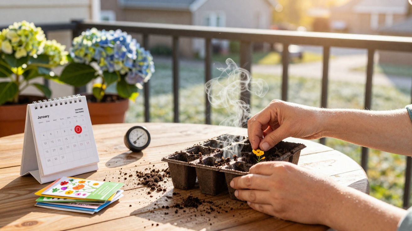 Mãos plantando sementes em bandeja com terra sobre mesa de madeira ao ar livre no sol.