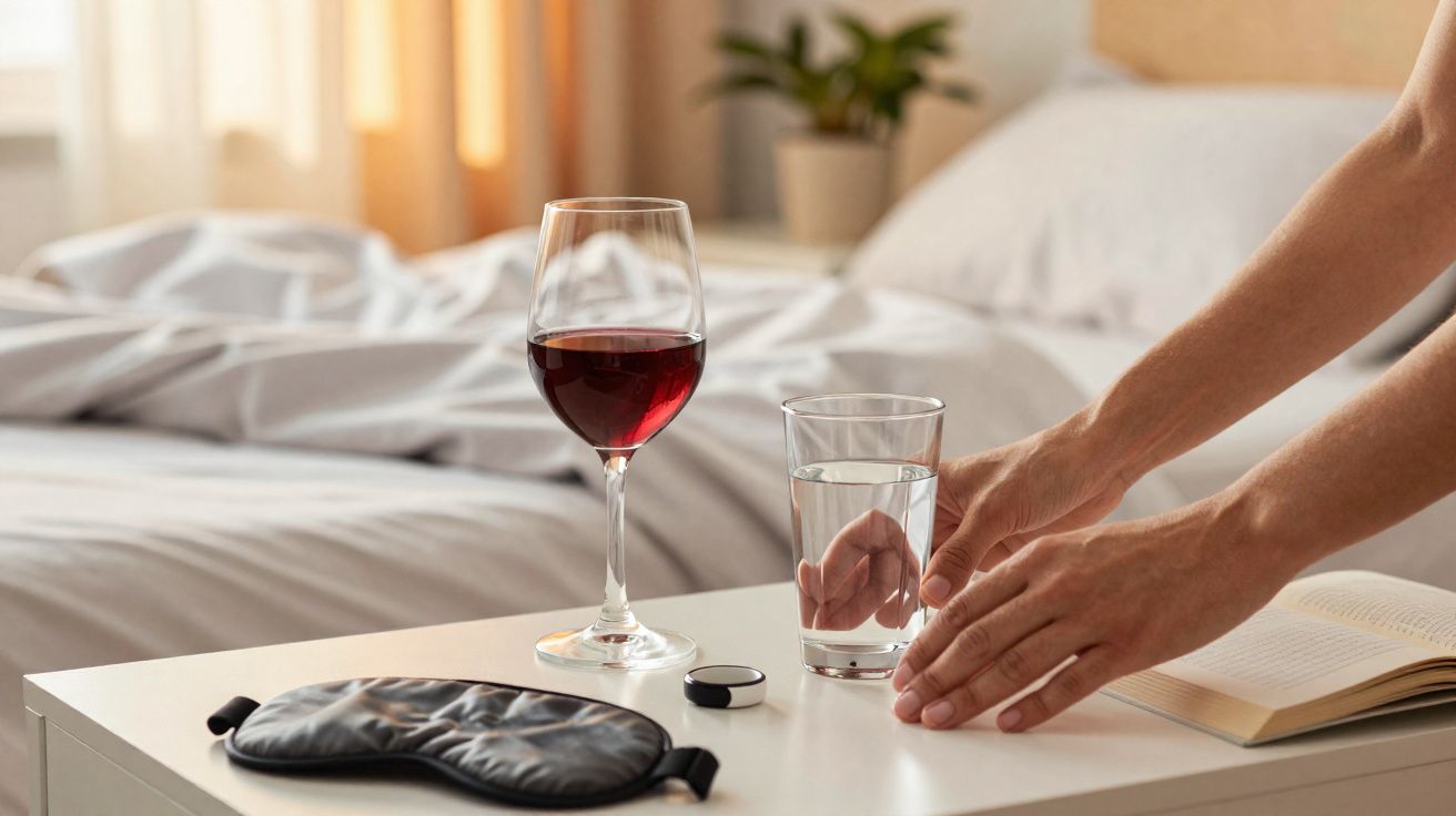 Mãos segurando copo d'água sobre mesa próxima a cama, com taça de vinho, máscara de dormir e remédio.